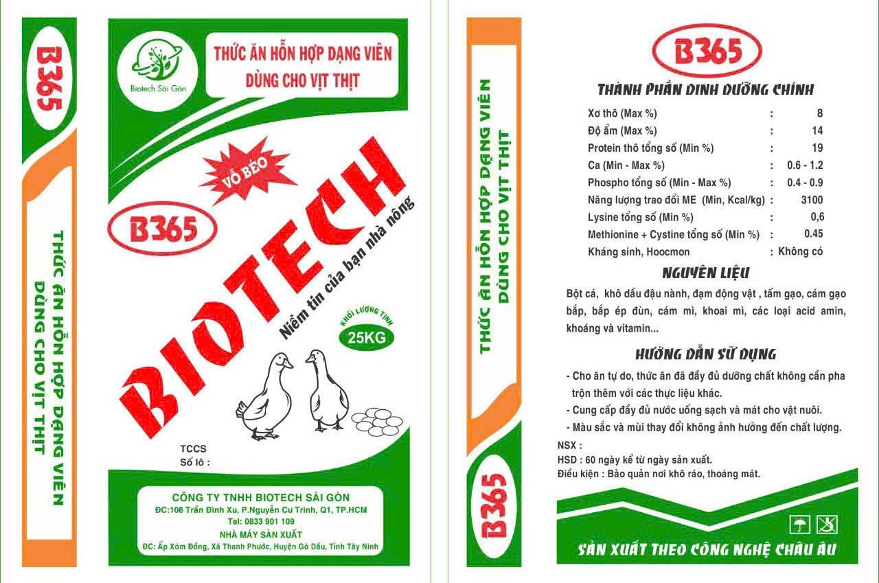 Thức ăn hỗn hợp dạng viên dùng cho vịt thịt B365